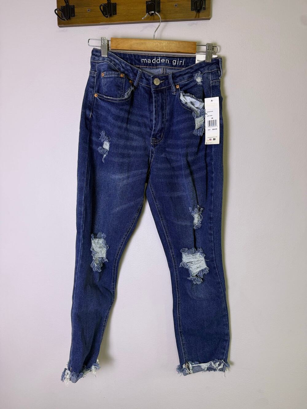 Madden Girl Naomi Mom Jeans 28 NWT Dark Wash Distressed Ripped Raw Hem